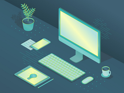 Isometric workplace computer design desktop flat graphic design illustration illustrator isometric isometry keyboard phone tablet vector workplace