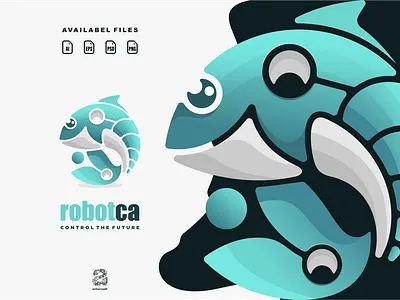 Robofish animation branding design fish flat illustration logo robot typography ui ux vector