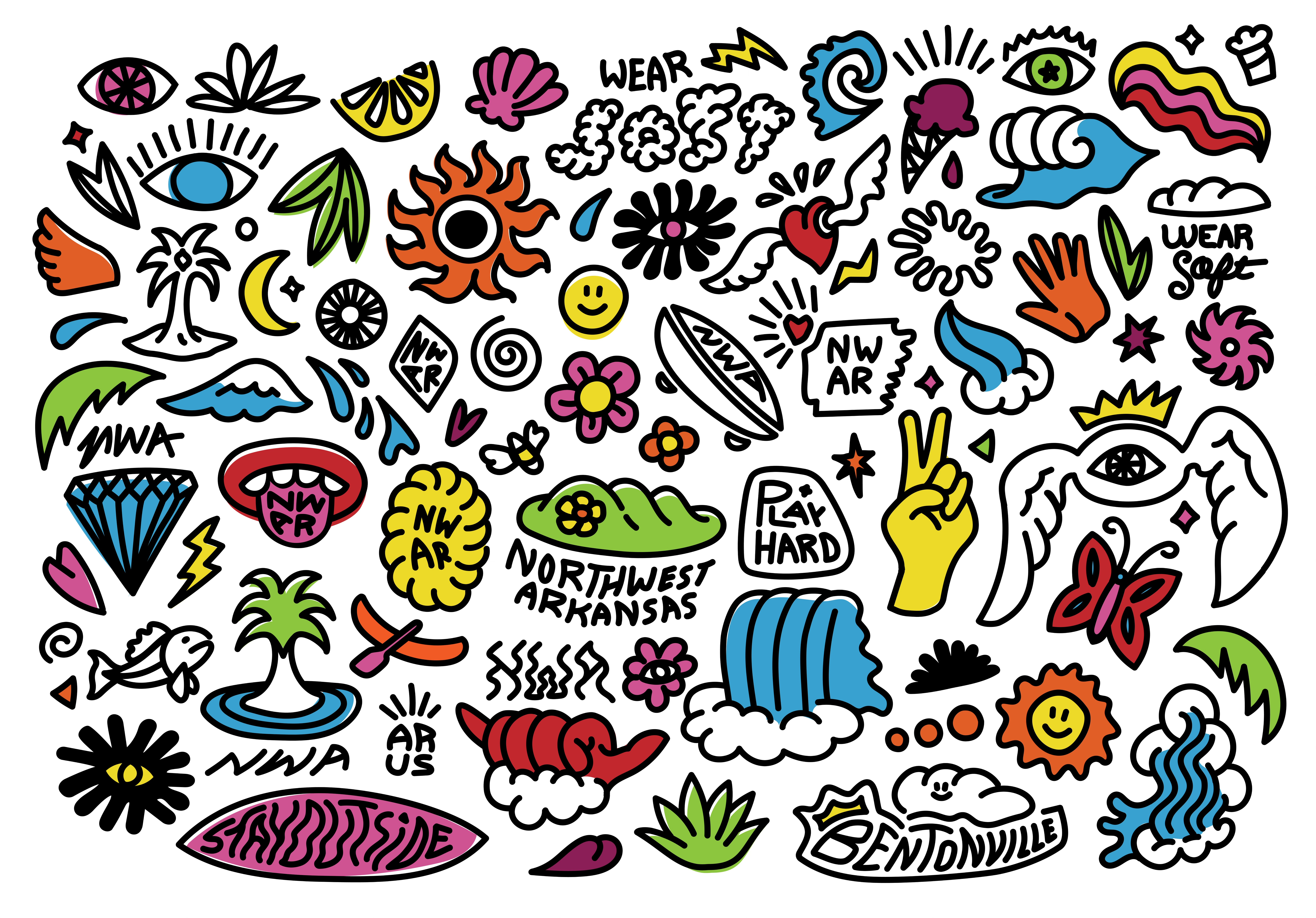 BDGT Summer '22 apparel arkansas design doodle doodles eye fun hand drawn hand made icons illustration illustrations minimal nwa ozarks psychedelic sun surf water waves
