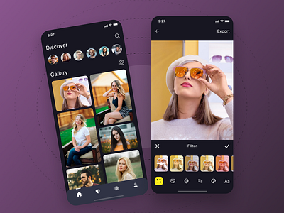 Photo Editing App Dark Mode - UI UX Design app categories clean ui dark mode dark mode app design edit effects gallery image editing mobile mvp photo photo editor photographer photography photoshop purrweb react native startup