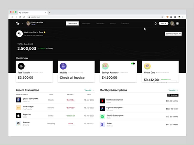 Transffer Banking Dashboard animation banking dashboard design financial logo product design ui user interface ux web design