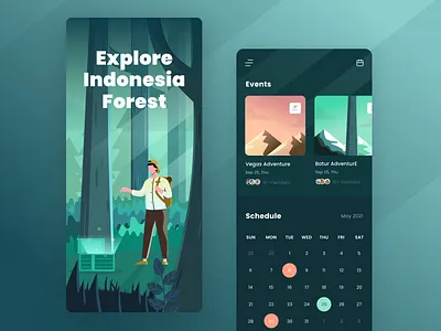 Trip App app calendar dark dashboard events forest illustration landscape ui