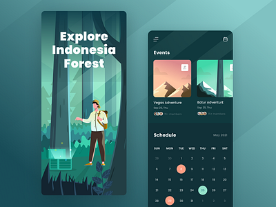 Trip App app calendar dark dashboard events forest illustration landscape ui