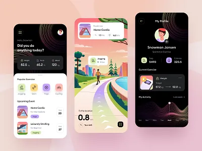 Exercise Mobile App Design πͺ app ar blood building cardio exercise gradient gym icons illustrations jogging landscape location mobile sport statistics step training weight yoga