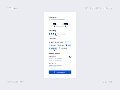 Day 026 — Filter | 100 days UI challenge booking daily ui dailyui design kit design system filter interface price range stars tags toggle ui ui kit universal design kit (web)