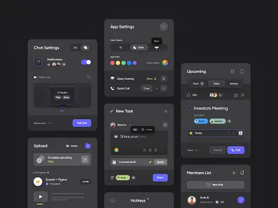 Dark UI for Cards Components app cards clean components dark theme dashboard design design system golo interface minimal popup product design settings tasks ui ui design ux web web design