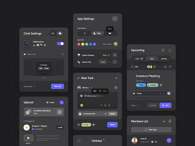 Dark UI for Cards Components app cards clean components dark theme dashboard design design system golo interface minimal popup product design settings tasks ui ui design ux web web design