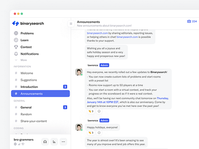 Binarysearch – Chat UI binarysearch chat chat app chat ui dashboard developers devs interface messages messenger product programming sidebar web web app
