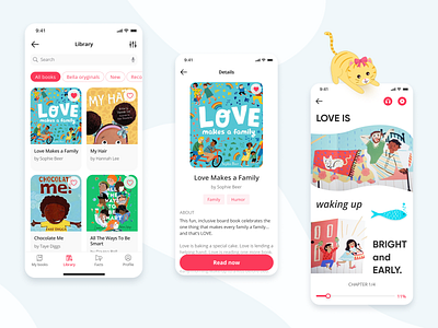 Reading app for kids - UI/UX Design app book cat childrens books education entertainment facts favorites fish fun gamification illustration interaction kids library modern pet reading app ui ui ux design