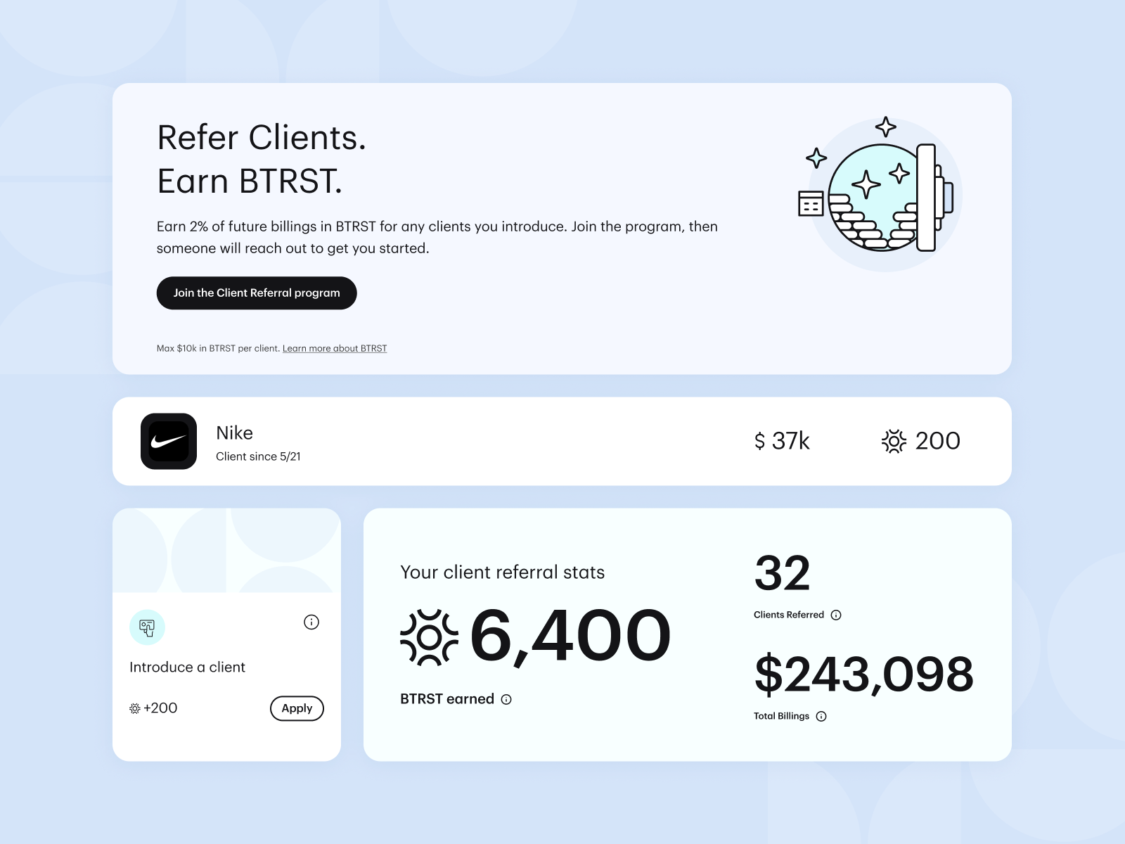 Earn more BTRST 🤑 balance blue braintrust crypto crypto balance decentralized design freelance illustration jobs mobile product product design refer and earn referral referral program ui ux web web3