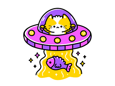 Alien cat abduction alien cartoon cat character child childish cute doodle fish fishing flying saucer illustration kawaii kids kitty poster print t shirt ufo