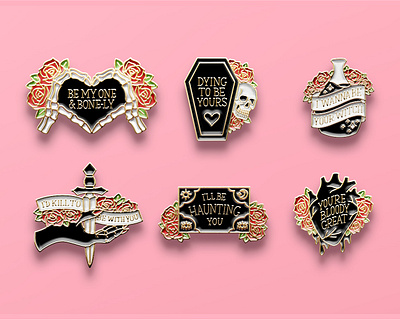 Undying Love Collection coffin concept dagger enamel pin floral halloween hand handlettering heart illustration lettering love pin potion roses skeleton skull spooky valentines day witch