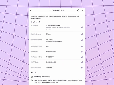 🏦 Wire instructions modal bank bank details bank information check checkmark clean ui copy desktop interface list item modal okcoin paste payment payment method pills ui ux wire instructions