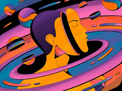 Transcend abstract galaxy illustration planets psychedelic retro shapes space vintage woman