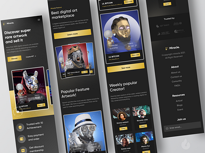 Miracle - Responsive NFT website 🖼 card clean crypto cryptocurrency dark darkmode digital art footer gold hero section nft responsive responsive web responsive website responsive websites ui ux