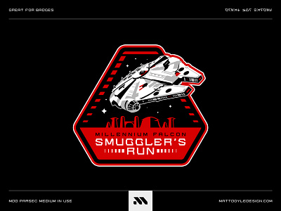 Millennium Falcon Smuggler's Run badge batuu brand branding custom font custom type design disney galaxy graphic design han solo illustration logo logo design millennium falcon parks star wars theme park typography ui