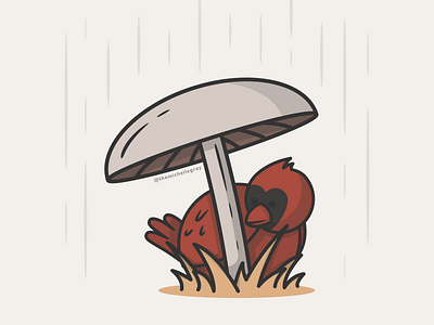 Wonderfall / Day 6 - Rainy Day autumn bird cardinal fall illustration inktober kawaii linework mushroom rain rainy day vectober vector wonderfall