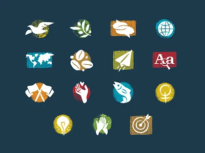 Textured Icons charity coffee dove earth fish flags globe grunge hand heart icon nature nonprofit olive branch paper airplane speech bubbles teamwork texture womens rights world