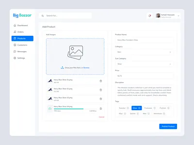 Add Product Page-Ecommerce Dashboard add add product dashboard dashboard design dashboard ui drop ecommerce edit product product design product page products side menu tags ui ui design upload upload file ux web app