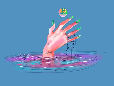 Hand colors drawing editorial flat hand illustration nails pink procreate sketch tree
