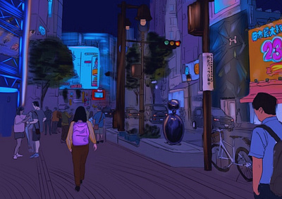 Shibuya at Night colorist digital art illustration