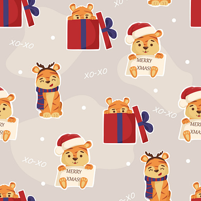 Pattern with tiger cartoon children gift illustration merry christmas new year pattern seammles tiger vector