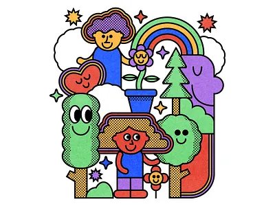 Trees & Friends blue color design fun green happy illustration minimal purple red vector yellow