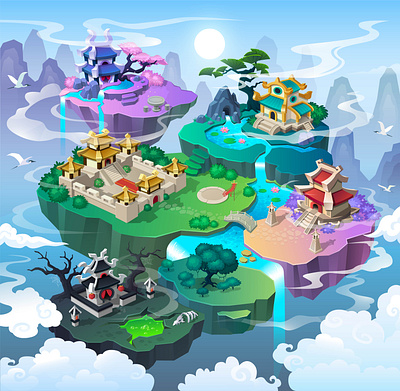 Game map island asia chinese chinese style crane fairy tale first sight floating game map island island game landscape legend map temple traditional