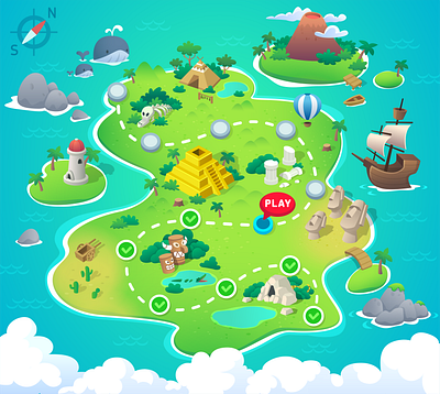 Game map ui art boat design game game map illustration island pirate map temple treasure map vector volcano