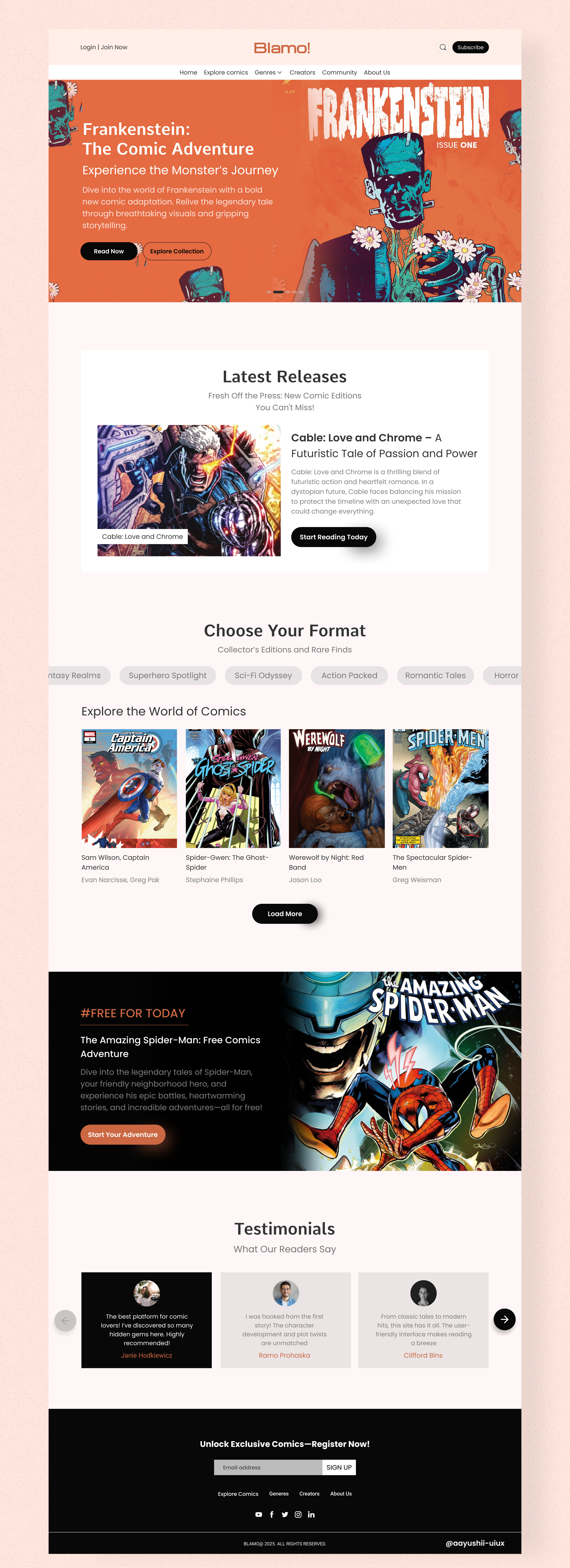 Blamo~ Comic Landing Page branding comics design developer digitalart dribbble figma freelancing graphic design graphicdesign logo pinterest ui uiux website