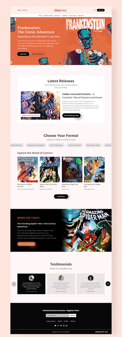 Blamo~ Comic Landing Page branding comics design developer digitalart dribbble figma freelancing graphic design graphicdesign logo pinterest ui uiux website