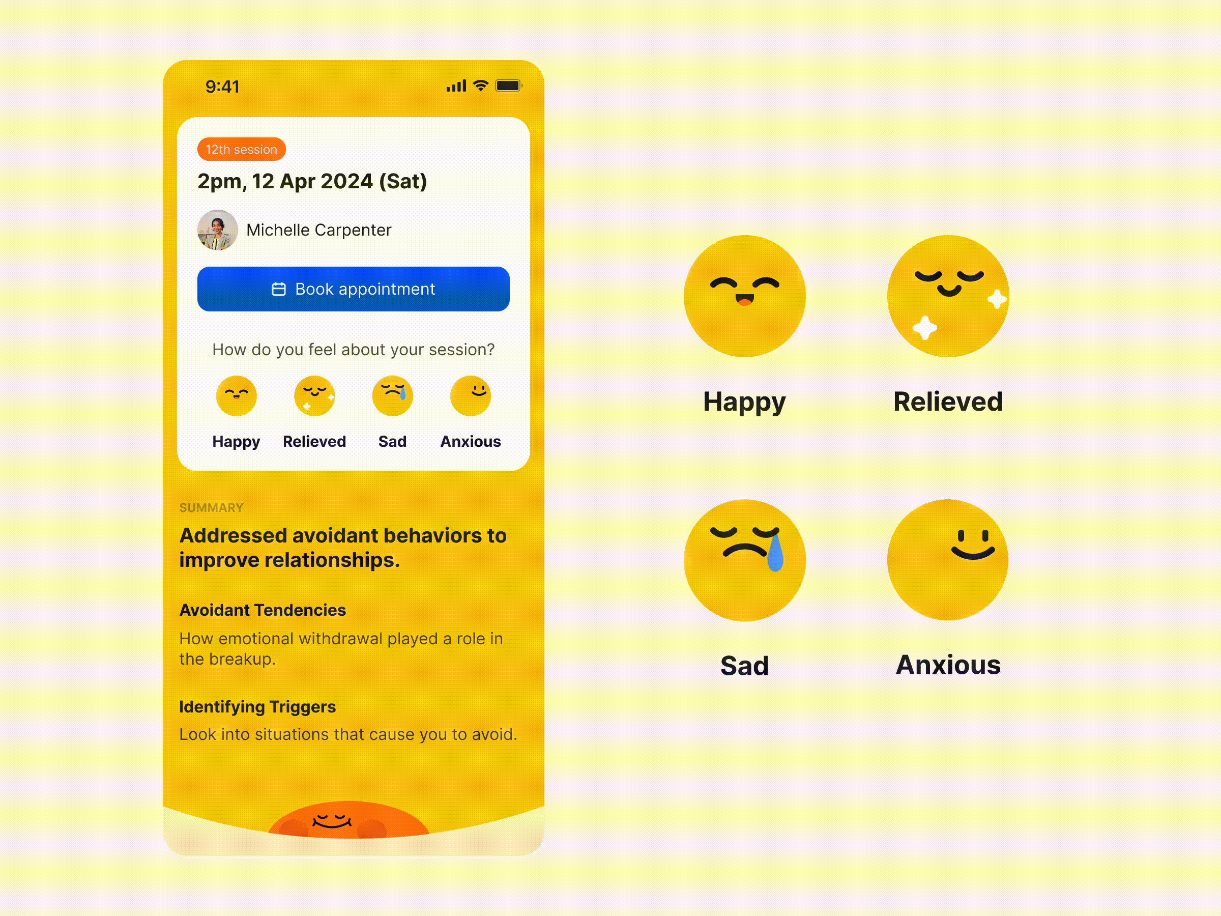 Therapy App animation booking ui illustration make appointment mood tracker nps rating session ui ux