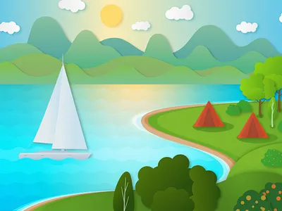 Landscape cutout design digital art flat graphic design illustration illustrator landscape nature paper paper cutout puper cut sailboat sun day tent tourism travel trees vector yacht
