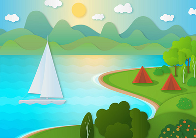 Landscape cutout design digital art flat graphic design illustration illustrator landscape nature paper paper cutout puper cut sailboat sun day tent tourism travel trees vector yacht