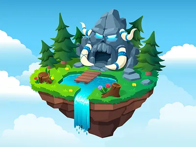 Forest island isolated art artwork cave flower fly forest game game item game ui illustration island island isolated isolated isometric pine tree sky tree trees vector waterfall