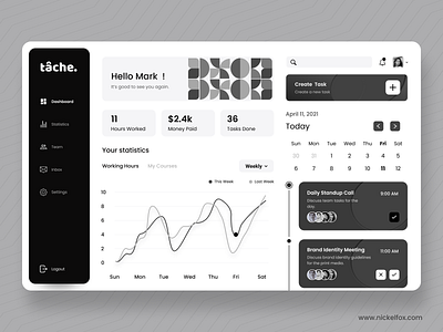 tâche - Task Management Dashboard Concept abstract calender cards clean dark theme dashboard event fintech interface minimal mobile app navigation product design side menu sidebar task task management task manager ux design web app