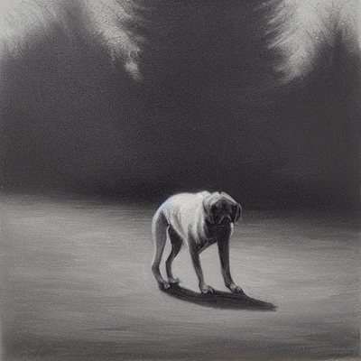 dog in a park, classic oil, black & white, tearful tearful