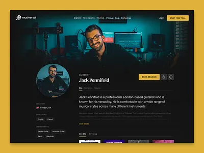 Artist Profile — Musiversal artist artist profile bookings branding credits dark gear genres home studio marketplace music musician musician profile musicians musiversal profile recording studio samples sessions studio