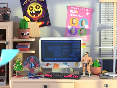 My desk arnold c4d cute imac keyboard modeling muscle plant plastic render room setting sun switch window workflow worm