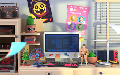 My desk arnold c4d cute imac keyboard modeling muscle plant plastic render room setting sun switch window workflow worm