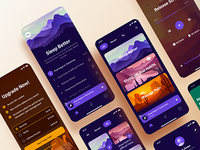 Meditation App alarm app bedtime cards dark design healthcare illustration ios meditation mobile sleep trendy ui ux