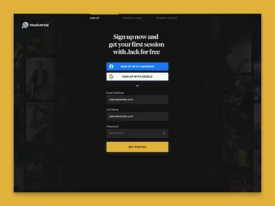 Sign Up — Musiversal account confirmation credit card form form steps getting started input marketplace modal musiversal payment method paypal progress steps recording studio sign up signup signup form steps success wizard