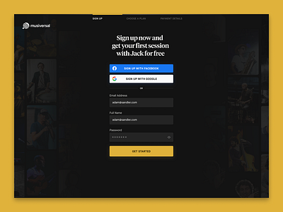 Sign Up — Musiversal account confirmation credit card form form steps getting started input marketplace modal musiversal payment method paypal progress steps recording studio sign up signup signup form steps success wizard