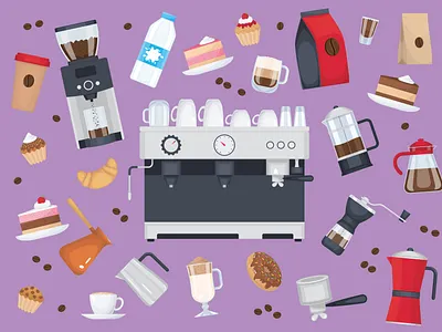 Barista coffee equipment set barista coffee equipment flat illustration vector