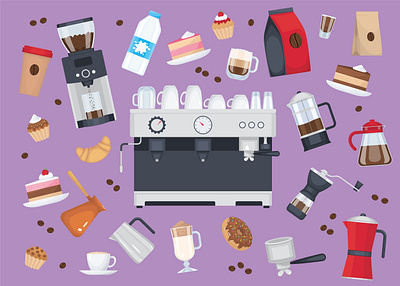 Barista coffee equipment set barista coffee equipment flat illustration vector