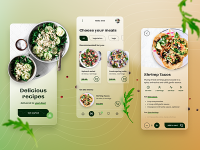 Food app concept - recipes and ingredient delivery 2021 trend app cook delicious delivery enjoy food food app glass effect glass morphism glassmorphism ingredients meal menu mobile recipes ui vege vegetables veggie