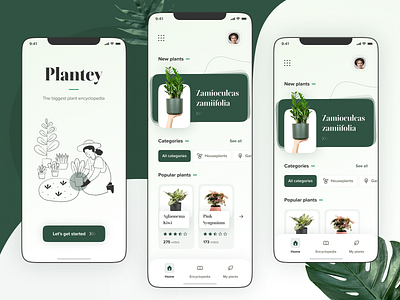 Plant Encyclopedia App clean design encyclopedia figma flowers green main screen mobile modern nature plant plants ui white