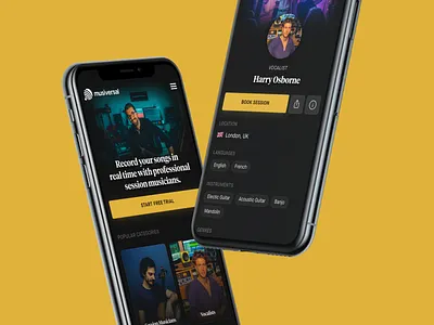 Mobile — Musiversal bookings dark homepage ios landing page marketing marketing website marketplace mobile musician musicians musiversal navbar recording studio responsive sessions share website