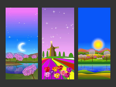 Spring fantastic landscapes 2d adobe illustrator animated illustration animation animation 2d anime studio cartoon fantastic flowers graphic design holland illustration landscape moho pro motion design motion graphics river set spring video