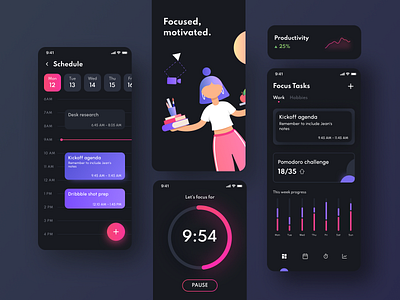 It’s time to focus! - concept app clean concept creative dark design flat focus interface ios mobile mobile design modern plan pomodoro productivity schedule time management timer ui ux